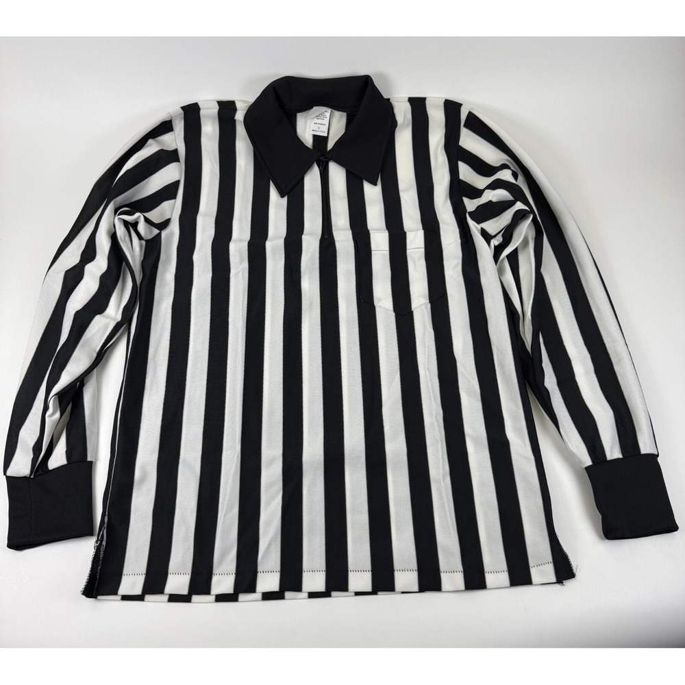 Vintage Cliff Keen Referee Long Sleeve Polo Men L Black White Stripe Pocket NOS